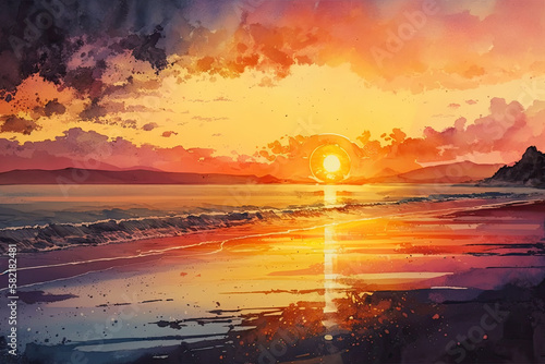 Beach watercolor background at sunset, Generative AI