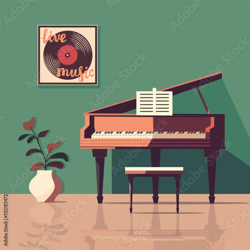 Flat vector illustration of a piano in the green room