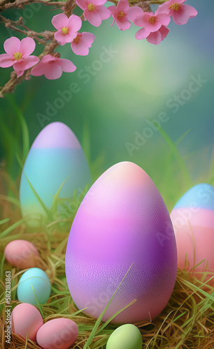 Background of multi-colored easter eggs and copy space.