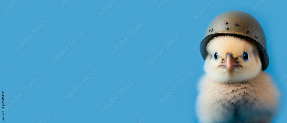 A cute little chick wearing a war helmet, blue background with copy space, generative ai A cute little chick wearing a war helmet, blue background with copy space, generative ai