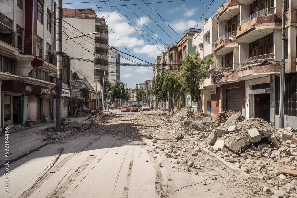 Illustration of a city damaged by a powerful earthquake. Generative AI. Illustration of a city damaged by a powerful earthquake. Generative AI.