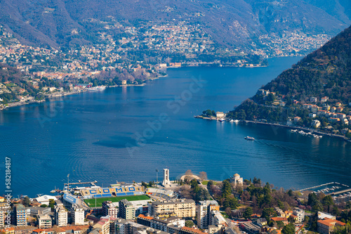 The city of Como, the lake, the lakeside promenade, the buildings, photographed from above.  © leledaniele