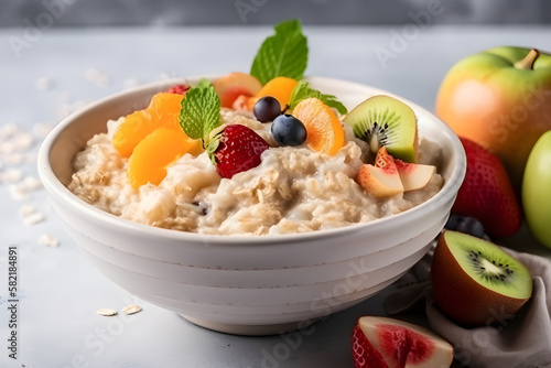 Oatmeal porridge with fresh fruits on white background. Healthy breakfast. Generative AI