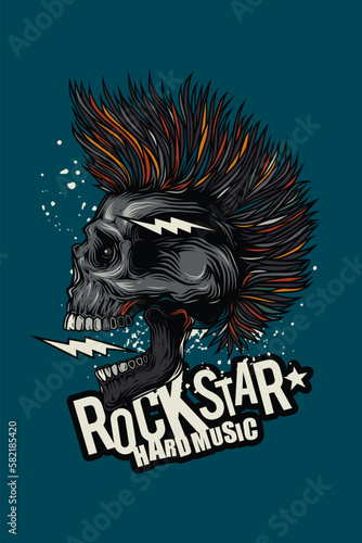 Original vector illustration in vintage style. Punk rocker skull with hairstyle. Design for T-shirt or sticker. A design element.