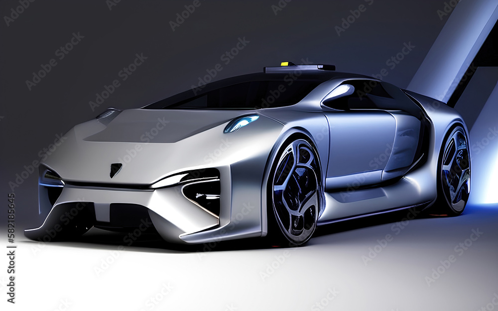 Futuristic car illustration, silver modern sports car. Generative Ai.