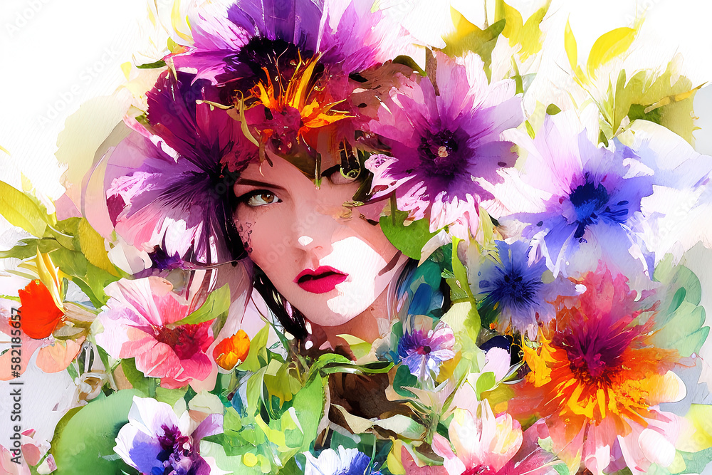 Summer concept, lady with watercolors flowers as summer background. Generative AI.