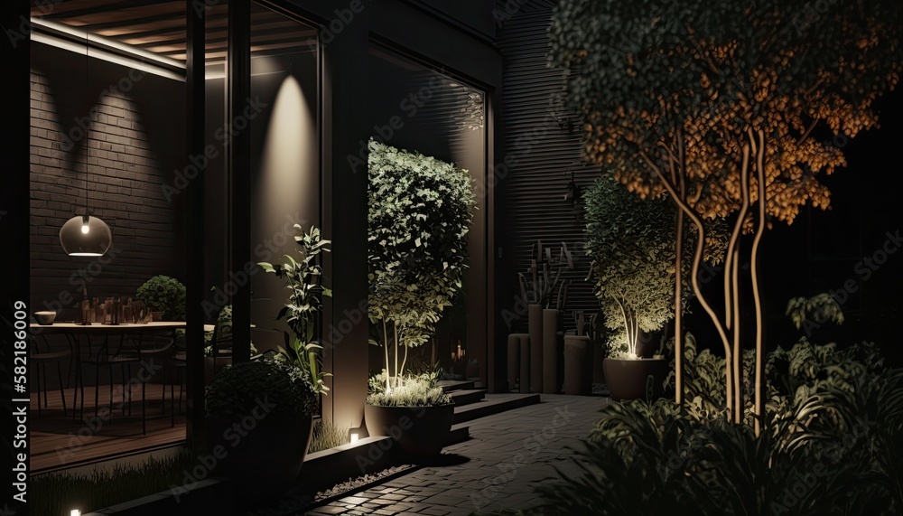 Fototapeta premium Ultra modern home with luxury patio after the sun went down