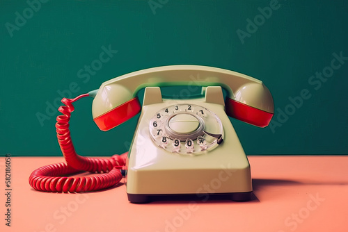 Vintage old telephone on green background. Generative AI photo