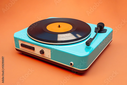 Old record player on an orange background. Generative AI