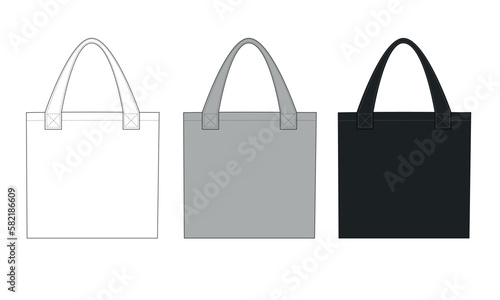 Vector set of large shopping bag templates. Textile large bag white, gray, black, painted on a white background. Mockup bags for advertising goods and services.