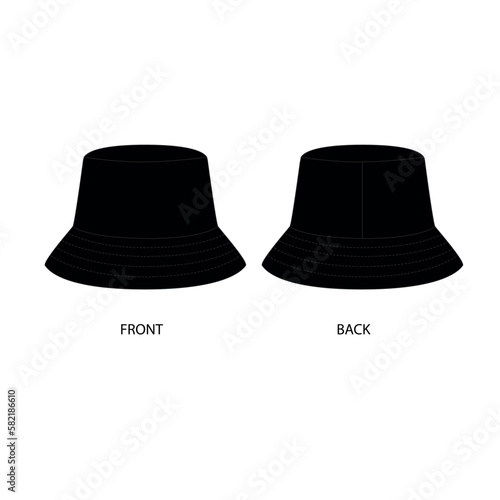 Black fashionable hats with round brim, vector drawing. Summer sun hat template. Headwear for a stylish look.