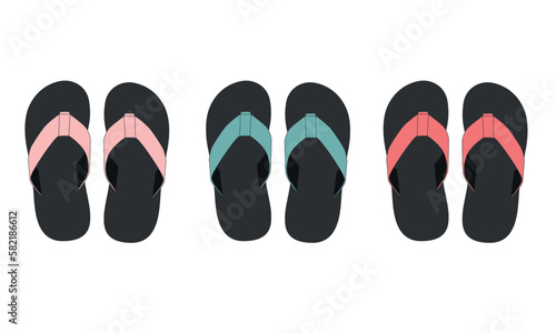 Set of summer colored flip flops on rubber soles, vector drawing. Sketch Flip flops in bright colors with black soles. Flat sandals in pink, turquoise, coral colors, vector.