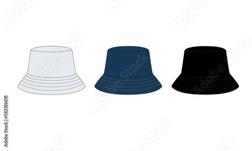 Vector template of a fashionable hat with a round brim. Drawing of a summer hat protecting from the sun. A set of hats in white, blue, black colors. Headwear for a stylish look.