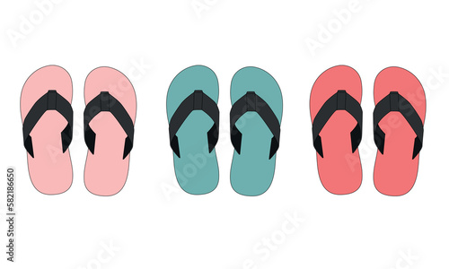 Set of summer colored slippers with rubber soles, vector drawing. Sketch of beach flip-flops in bright colors. Flat sandals in pink, turquoise, coral colors, vector.