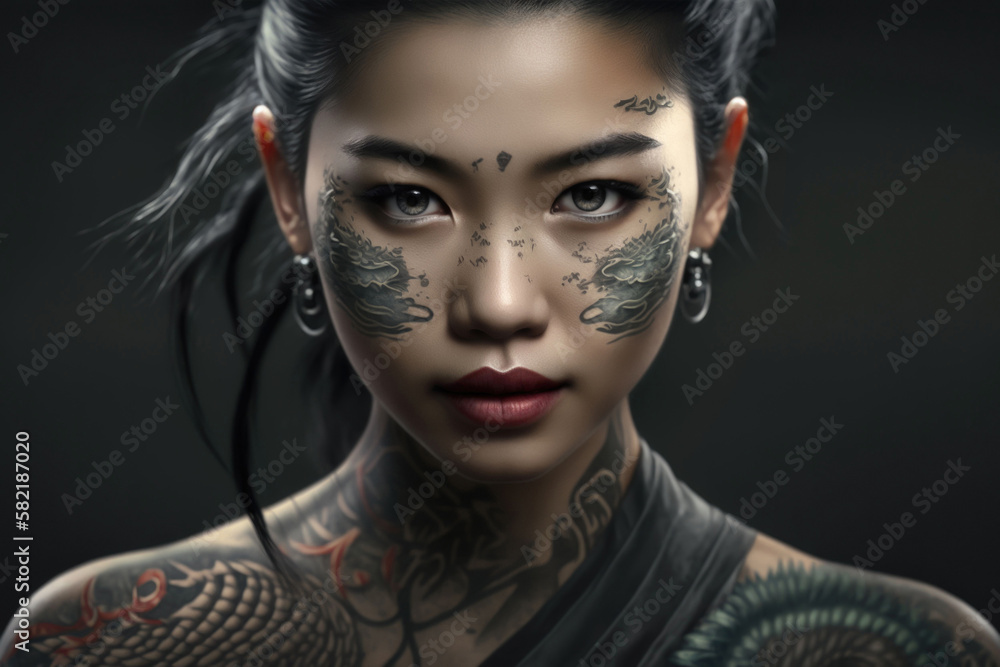 AI generated hyperrealistic graphic design artwork of portrait of Asian female model with tattoo and earrings looking at camera against dark background AI generated hyperrealistic graphic design artwork of portrait of Asian female model with tattoo and earrings looking at camera against dark background