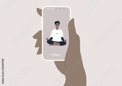 A person using a mobile phone to access a yoga vinyasa mobile app, the interface shows various options for practices, including guided meditation, breathing exercises, and other activities