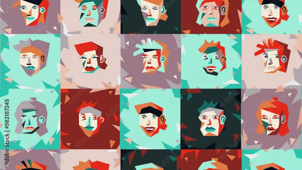 Abstract faces in cubist style - video seamless pattern. Changing colorful faces. Looped animation.