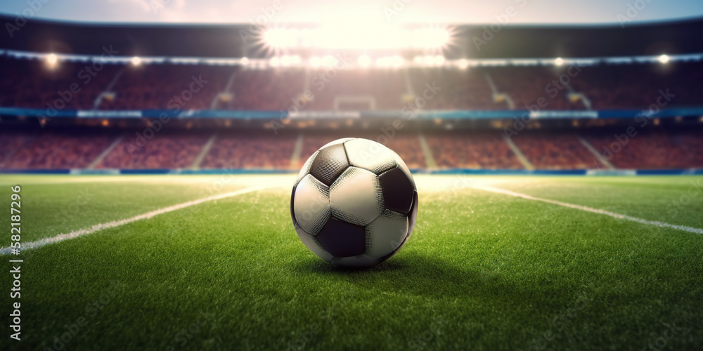 Soccer ball in the stadium. Sport background generative ai. Soccer