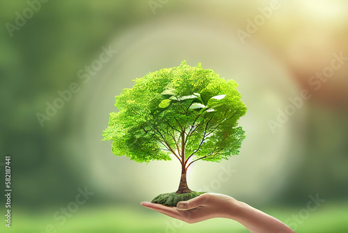 Hand holding globe icon with growing trees and green nature copy space for text. Generative Ai