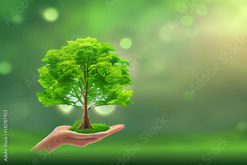 Hand holding globe icon with growing trees and green nature copy space for text. Generative Ai
