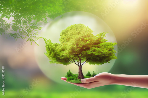 hand holding tree on blur green nature background. concept eco earth day. Generative Ai