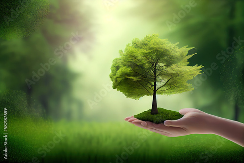 hand holding tree on blur green nature background. concept eco earth day. Generative Ai