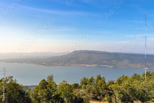 Lam Takong Reservoir Views, reservoir with black plastic liner, Nakhon Ratchasima, Thailand.Beautiful view of the reservoir with blue sky and fair rays of the sun.