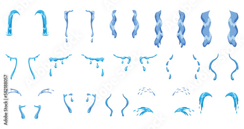 Cartoon tear drops icon set. Sorrow cry streams, tear blob or sweat drop. Crying fluid, falling blue water drops. Isolated vector set for sorrowful character weeping expression. Wet grief droplets