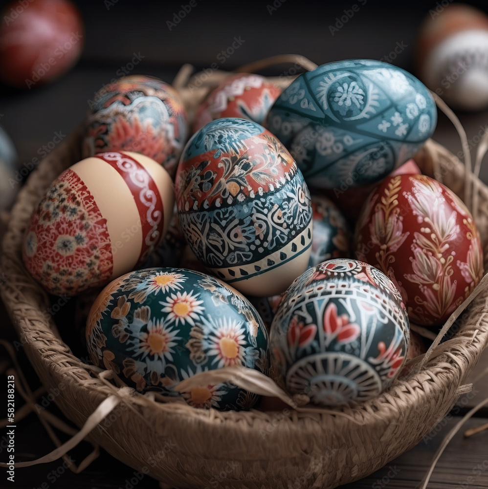 Easter eggs in nest. Easter nest with colorful eggs.