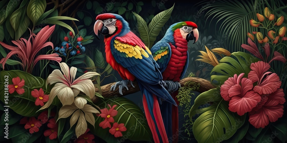 Fototapeta premium Tropical exotic pattern with macaws and flowers in bright colors and lush vegetation, generative AI