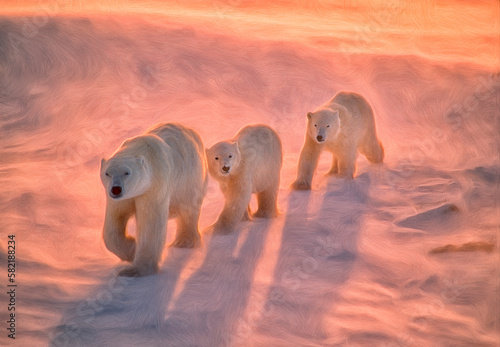 Polar bear family,digital oil painting