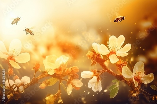 honey bees and flowers in a...
