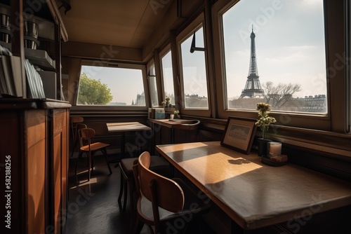 Retro Parisian cafe with a window with views to the Eiffel Tower, AI generated