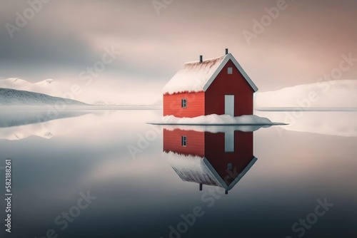 Red cottage in a white wint...