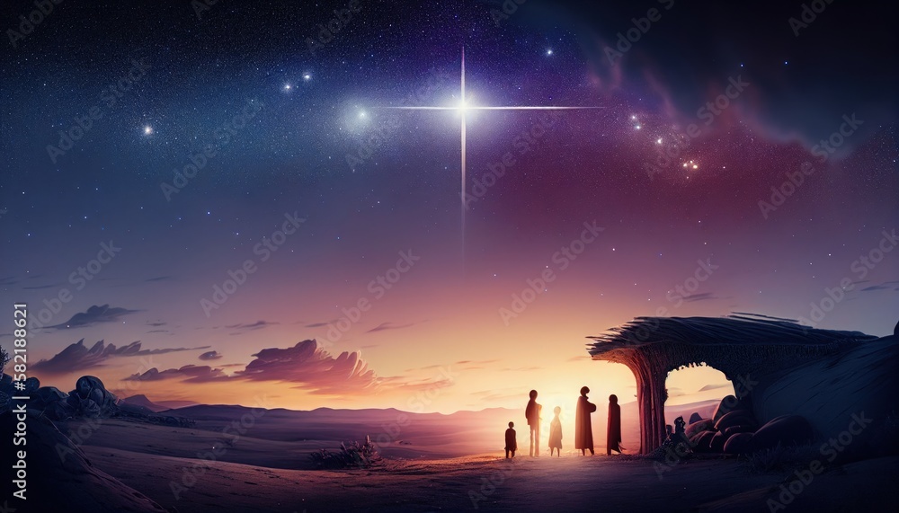 The Holy Family at Sunrise: Nativity Of Jesus Scene with a Comet. Concept. Generative AI.