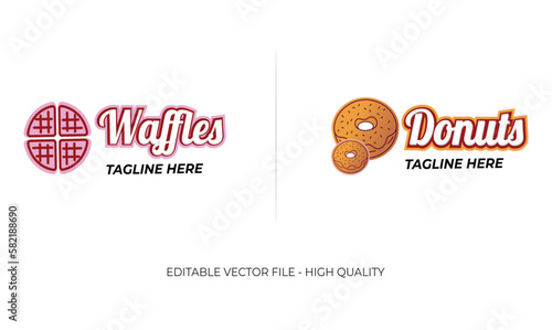 Waffle logo design, donuts logo design, confectionary products, sweet yummy waffles and donuts, logo template vector illustration