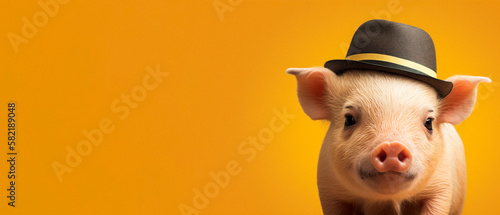 A cute pig wearing a hat, yellow background with copy space, generative ai