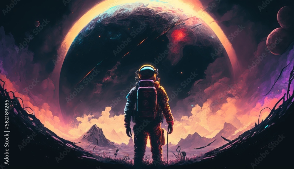 Astronaut from back, looking to a planet, synthwave, tshirt design. Generative ai