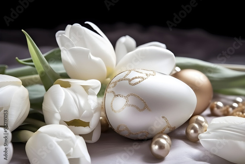 Easter still life with eggs  spring tulips flowers on dark background. Easter holiday concept. Traditional elegant springtime decoration. Copy space. AI generated.