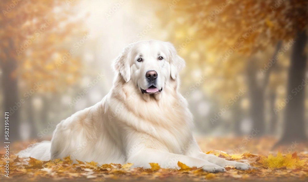 a large white dog laying on top of a pile of leaves in a forest filled ...