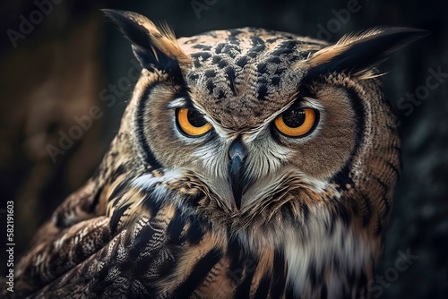 Captivating Close-up of Great Horned Owl's Mysterious Eyes, Generative AI