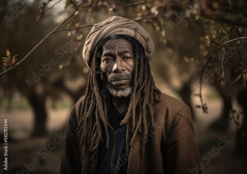 Portrait of dreadlock black man at forest. Generative AI.