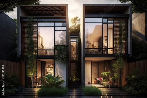 luxury house with tropical plants, generative ai