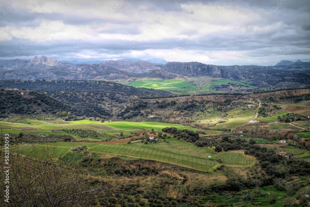 Scenic landscape view from the mountains and valley of Ronda, Andalusia, Spain