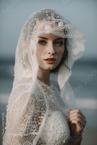 Photo of a bride in her wedding dress in the beach.