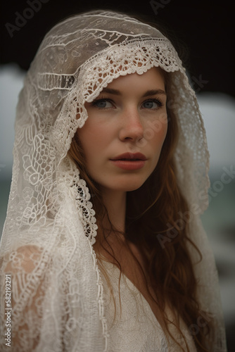 Photo of a bride in her wedding dress in the beach.