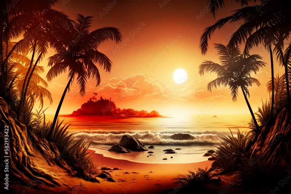 Sunset tropical beach with palm trees and sea. Nature landscape and seascape, Generative AI

