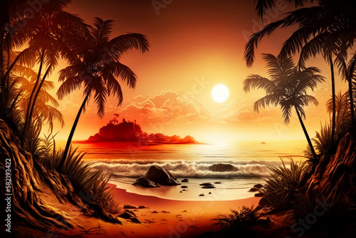 Sunset tropical beach with palm trees and sea. Nature landscape and seascape  Generative AI  