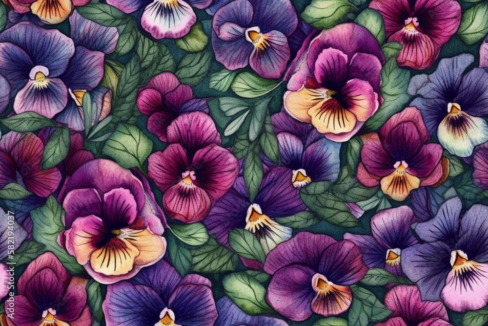 Whimsical and charming pink and purple pansy flowers with green leaves, seamless pattern texture Generative AI