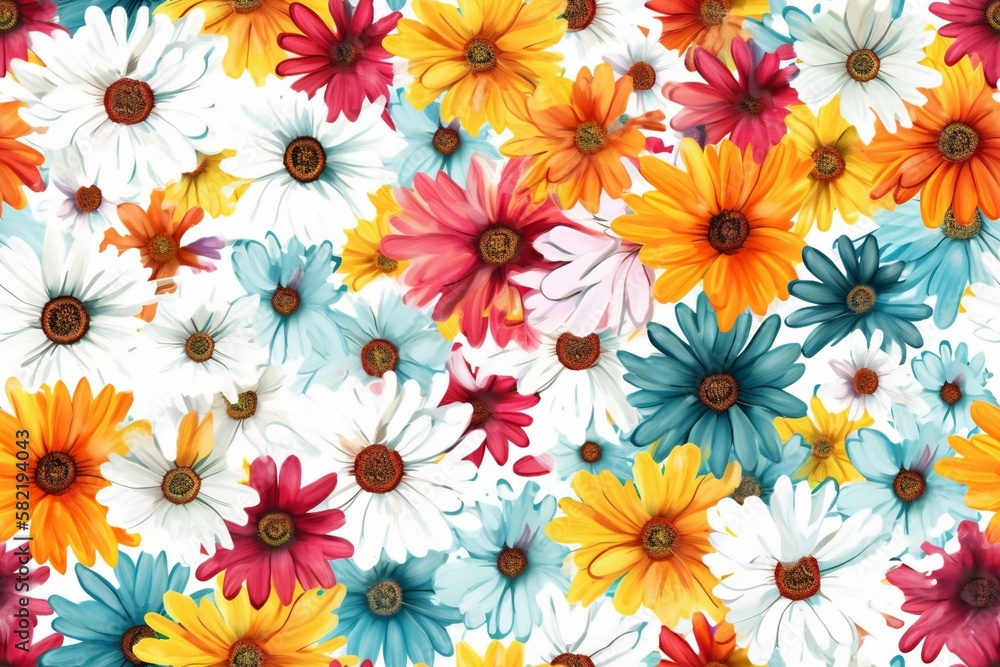 Colorful and playful daisy flowers on a white background, seamless pattern texture Generative AI